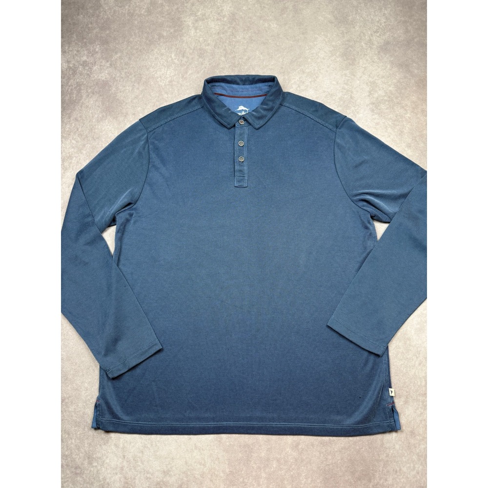 Tommy Bahama Mens Large Long Sleeve Polo Shirt Blue Textured Casual Classic Logo